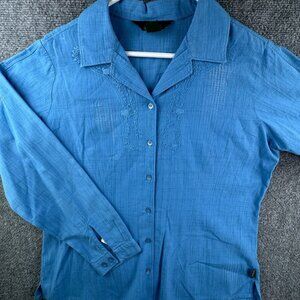 Woolrich Women Blue Long Sleeve Button Up Shirt Large Floral Embroidered Cotton